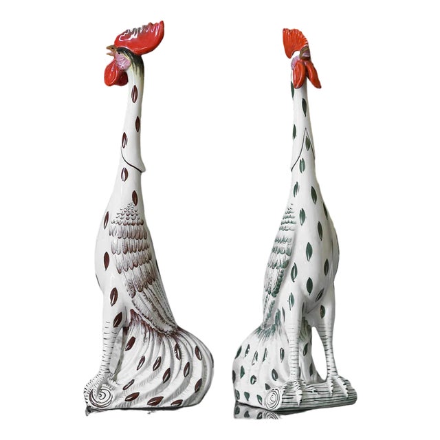 Roosters in Glazed Ceramic with Handmade Decorations, 1950s, Set of 2 For Sale