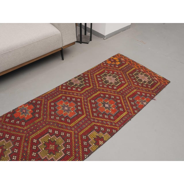 Islamic 1970s Vintage Handmade Wool Cotton Red Cicim Kilim Runner Rug For Sale - Image 3 of 11