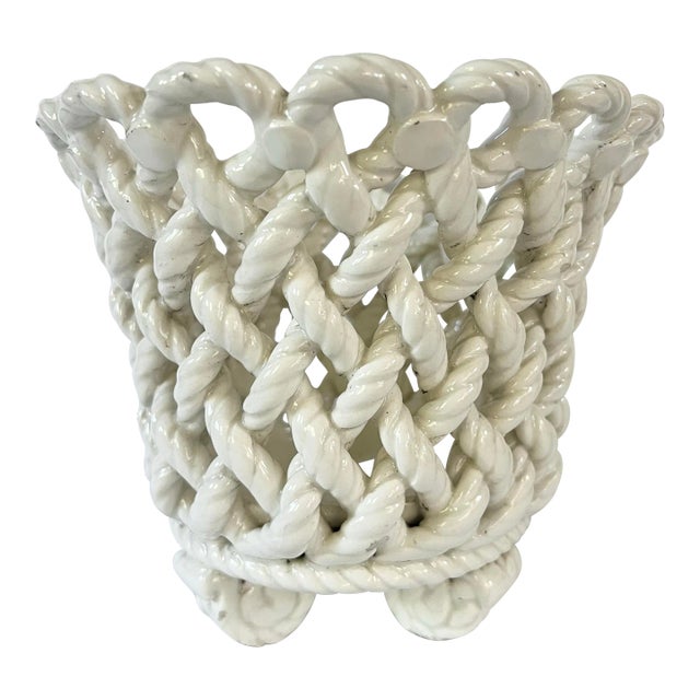 Vintage Ceramic Woven Rope Cache Pot For Sale