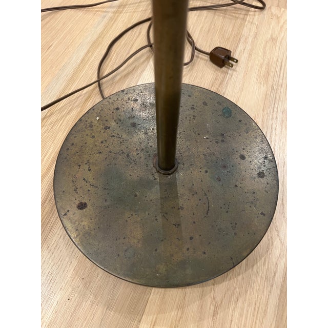 Metal Vintage Patinated Brass Adjustable Dome Floor Pharmacy Lamp With White Enamel Interior Shade For Sale - Image 7 of 7