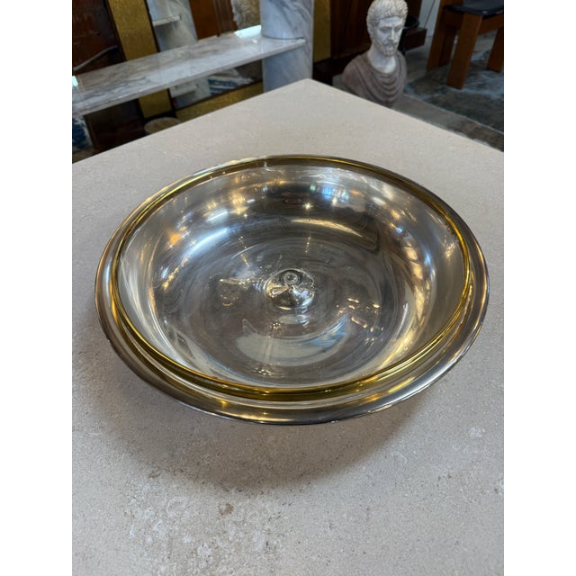 Silver Italian Glass and Silver-Plate Serving Bowl With Brass Rim, 1970s For Sale - Image 8 of 9