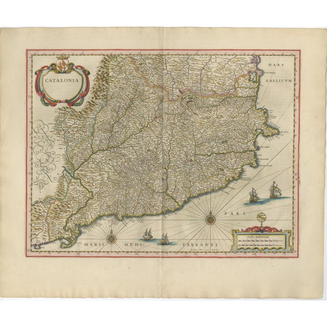 Blaeu Catalonia Map, Barcelona Spain, Mediterranean Sea, c.1642 : A superb and highly detailed map of Catalonia, centered...