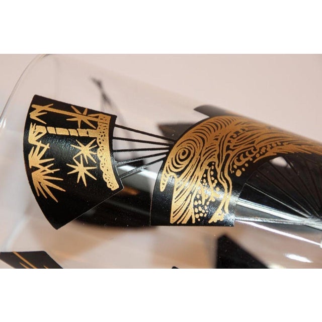 Metal Set of Six Jules Jurgensen Black & Gold Highball Glasses in Faux Bamboo Carrier For Sale - Image 7 of 18