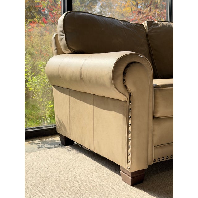 Smith Brothers 393 Beige Leather Three-Seat Sofa With Rolled Arms and Nailhead Trim For Sale - Image 4 of 10