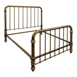 Antique Solid Brass Full-Size Bed With Tall Headboard and Original Casters For Sale