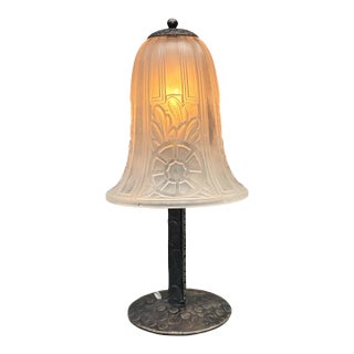 Antique 1920s French Art Deco Accent Lamp Mushroom Shaped With Clear Frosted Glass Shade and Forged Black Iron Base #2659 For Sale
