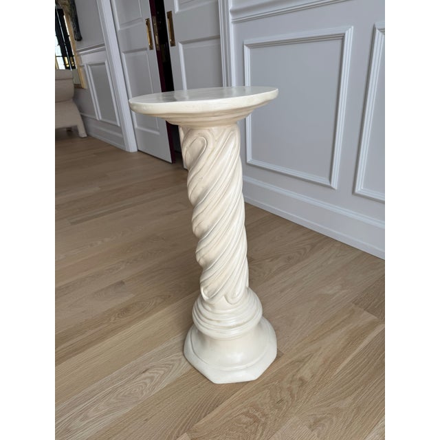 Vintage sculptural pedestal by Magidson, dated 1962. This substantial plaster column features a classical twisted rope...