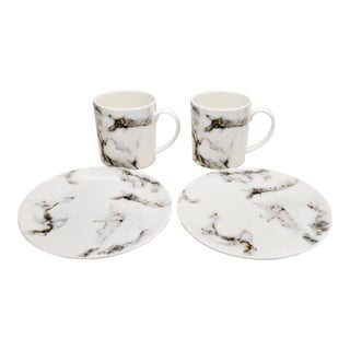 Prouna Marble Venice Fog Fine Bone China Coffee Cups and Plates, Set of 4 For Sale