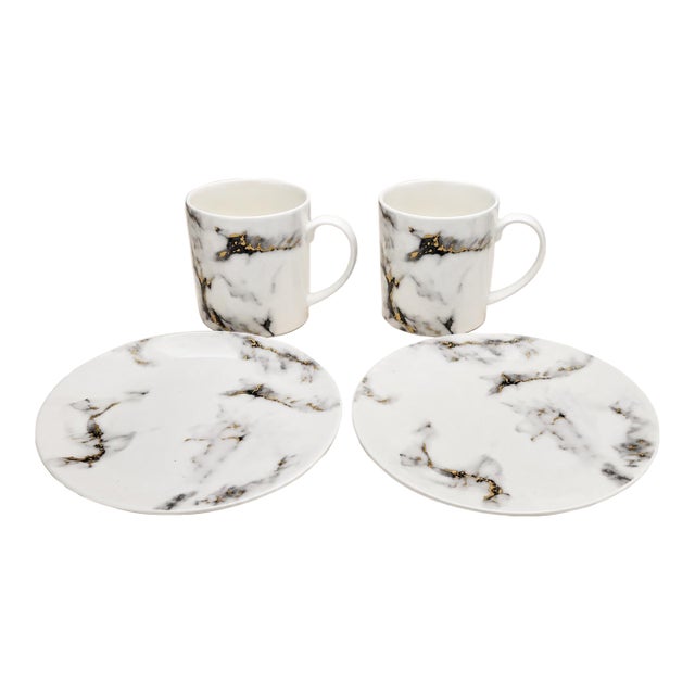 Prouna Marble Venice Fog Fine Bone China Coffee Cups and Plates, Set of 4 For Sale