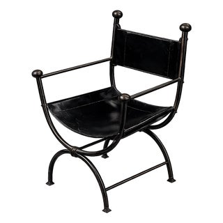 Iron & Leather Curule Armchairs — Set of Four, Sold in Pairs or as a Complete Set For Sale