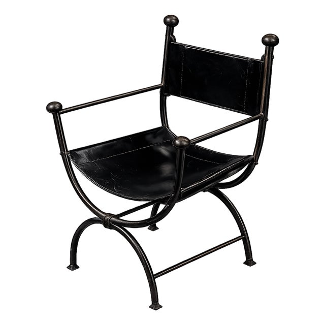 Iron & Leather Curule Armchairs — Set of Four, Sold in Pairs or as a Complete Set For Sale