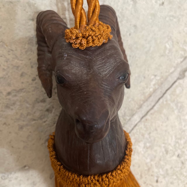 1970s Pair Ram Head Leather Wrapped Curtain Tieback Tassels For Sale - Image 10 of 11