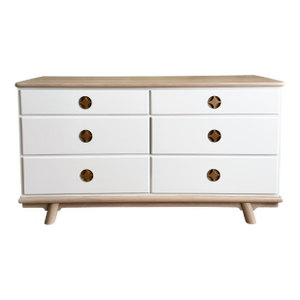 1970’s White Dresser With Brushed Brass Starburst Pulls – 6 Drawer Storage