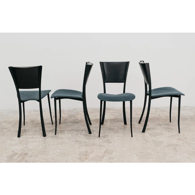 1980s Vintage Chairs in Black Metal with Leather and Aqua Green Fabric, 1980s, Set of 4 For Sale - Image 5 of 13
