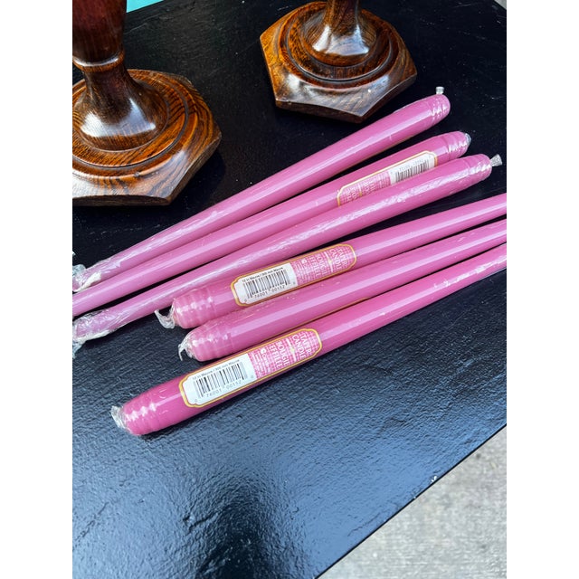 1970s Country Core Pair of Wooden Candleholders and Pink Candles For Sale - Image 4 of 11