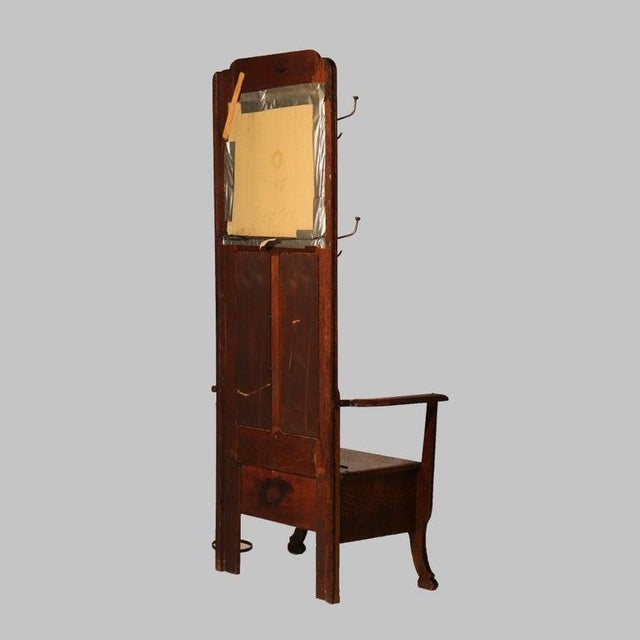 Antique Stickley School Arts & Crafts Oak Hall Seat With Mirror & Hook C1920 For Sale - Image 9 of 12