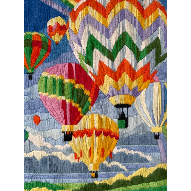 1982 Vintage Needlepoint Hot Air Balloon & Rainbow Artwork – Framed For Sale - Image 10 of 12