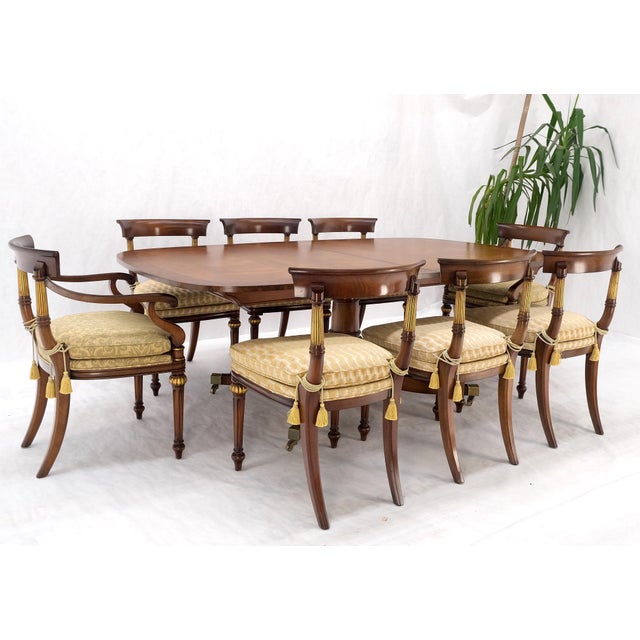 Mid 20th Century Single Pedestal One Leaf Oval Banded Dining Table 8 Regency Chairs Set MINT! For Sale - Image 5 of 18