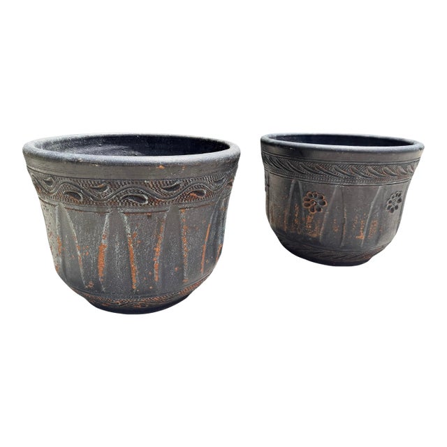 Vintage Mexican Blackwashed Terracotta Planters – Pair For Sale