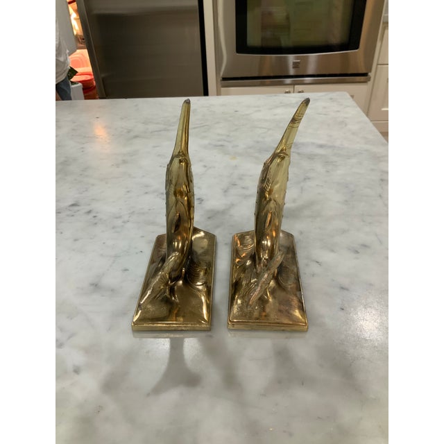 Mid 20th Century Pair of Vintage Swordfish / Marlin / Sailfish Bookends – Brass Finish - Heavy - Palm Beach Regency, Grandmillennial, Coastal, Ralph Lauren - See Pics! For Sale - Image 5 of 11