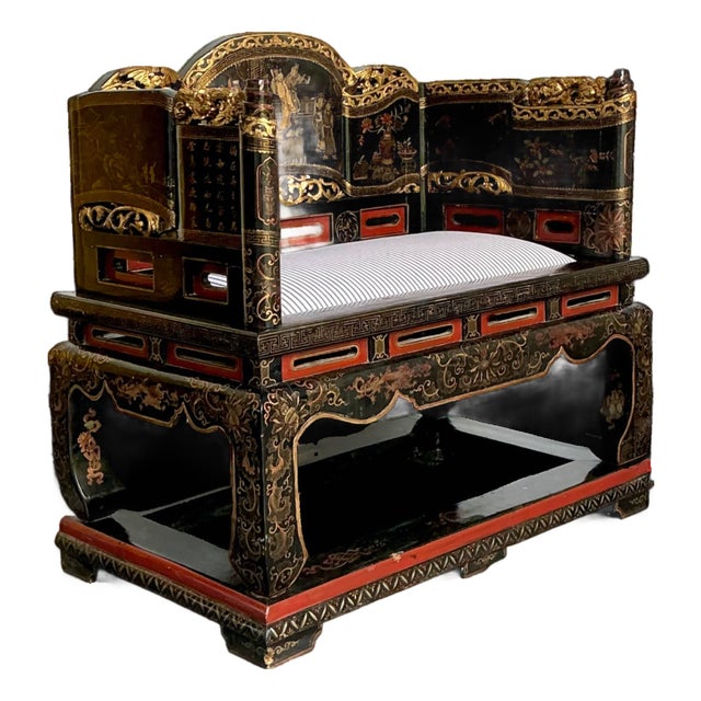 Vintage Chinese Lacquered Throne Chair For Sale