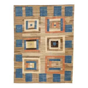 2020s Mid-Century Modern Style Kilim Wool Rug With Brown Field