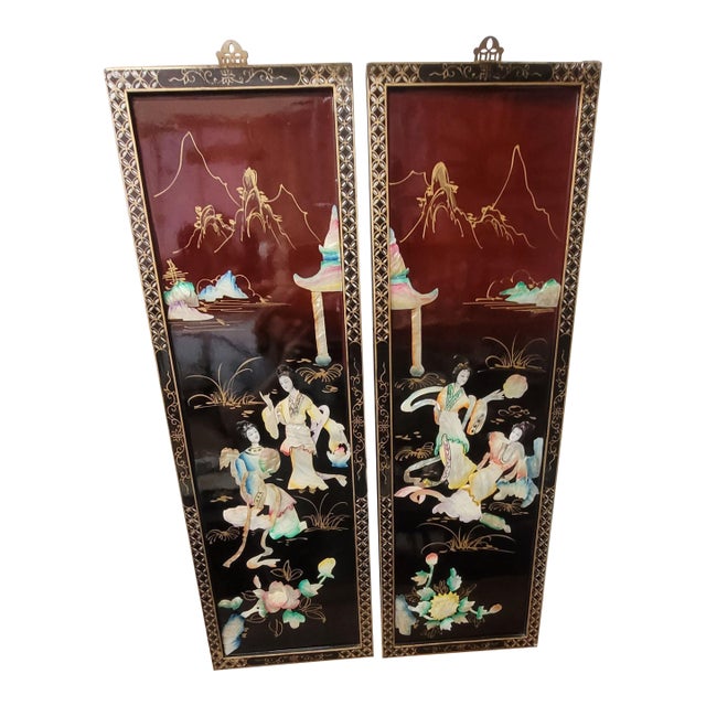 Vintage Pair Oriental Wall Art Hanging Asian Decor Wood Frame Black Lacquer Handcrafted Raised For Sale