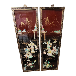 Vintage Pair Oriental Wall Art Hanging Asian Decor Wood Frame Black Lacquer Handcrafted Raised