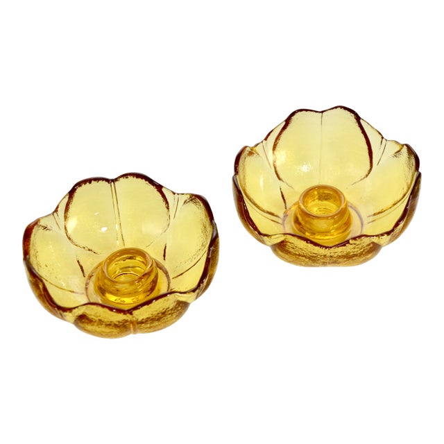 Pair of large four inch diameter vintage glass flower shape candle holders in amber topaz marigold with fine textural...
