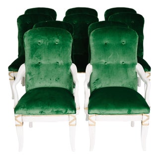 1980s Set of 10 Emerald Green Velvet Dining Chairs Attr. Marge Carson For Sale