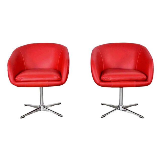 Late 20th Century MCM Swivel Bucket Chairs New Red Vinyl Faux Leather & Chrome X Base by Shelby Williams For Sale