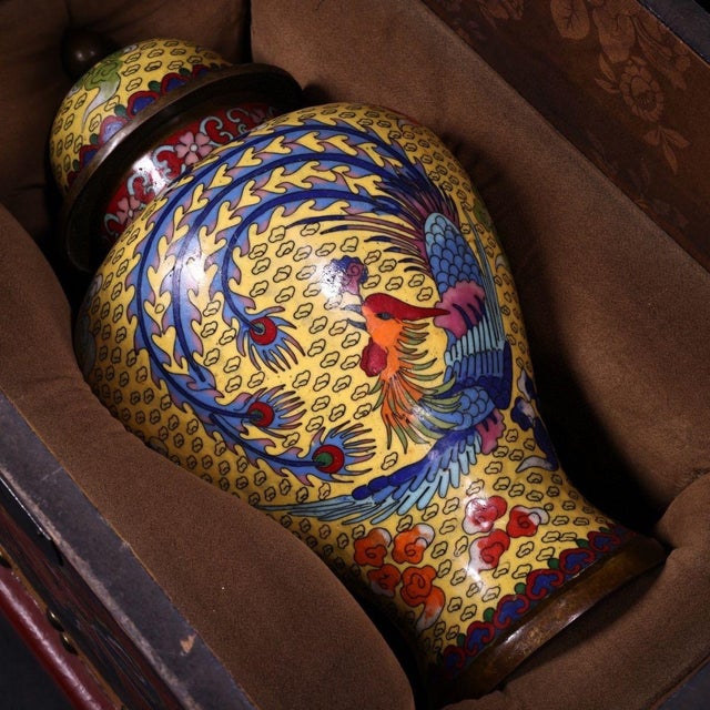 Yellow Vintage Chinese Yellow Ground Cloisonné Dragon & Phoenix Ginger Jar With Antique Lacquered Presentation Box ("Xuande" Mark) For Sale - Image 8 of 9