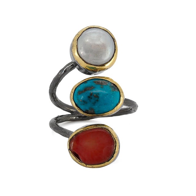 Triple Gemstone Sterling Silver Ring, Size 5 For Sale In Miami - Image 6 of 9