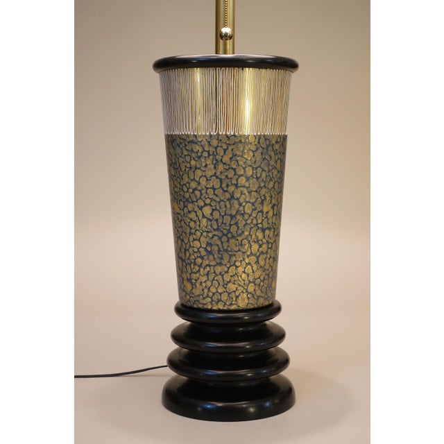 1950s 1950s Marbro Atomic Modern Charleton Hand Painted Art Glass Brass Wood Table Lamp One-of-a-Kind Sublime Condition For Sale - Image 5 of 12