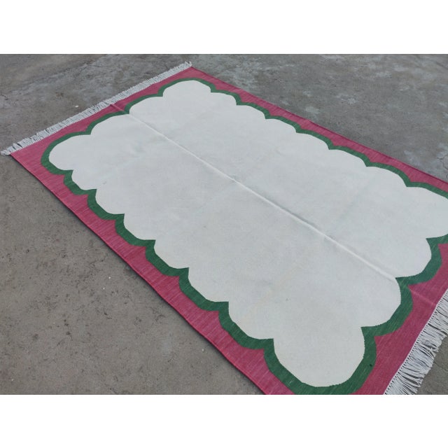 Mid-Century Modern Handmade Cotton Cream, Forest Green and Raspberry Pink Washed Border Scalloped Rug For Sale - Image 3 of 11