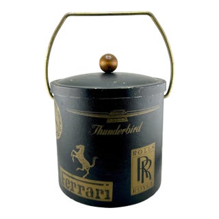 Vintage Mid Century Black Leather Luxury Car Brands Ice Bucket- Ferrari, Rolls Royce, Jaguar, Etc. For Sale
