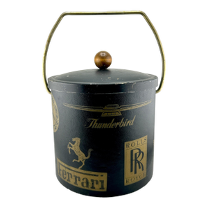 Vintage Mid Century Black Leather Luxury Car Brands Ice Bucket- Ferrari, Rolls Royce, Jaguar, Etc.
