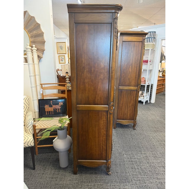 1950s Pair of Kindel "Beauclair" French Louis XV Style Walnut Chifferobes With Silk Panels For Sale In West Palm - Image 6 of 18