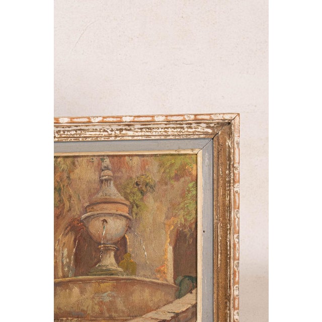 French oil painting depicting a tranquil fountain landscape with impressionistic brushwork, soft natural palette, and an...