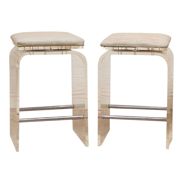 Mid 20th Century Lucite Pair of Stools With Seat Pads, Pair For Sale