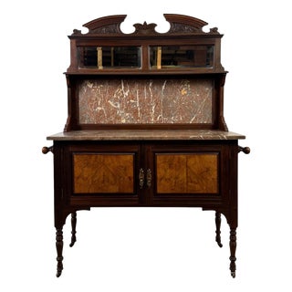 Antique English Edwardian Burr Walnut and Marble Washstand For Sale