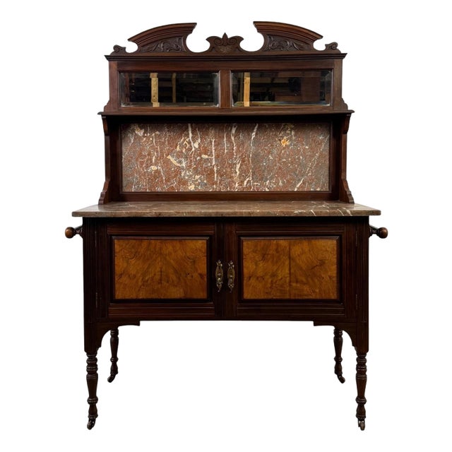 Antique English Edwardian Burr Walnut and Marble Washstand For Sale