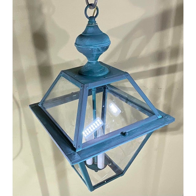 Verdigris Exquisite Vintage Verdigris Solid Brass & Hanging Lantern / Chandelier For Sale - Image 8 of 14