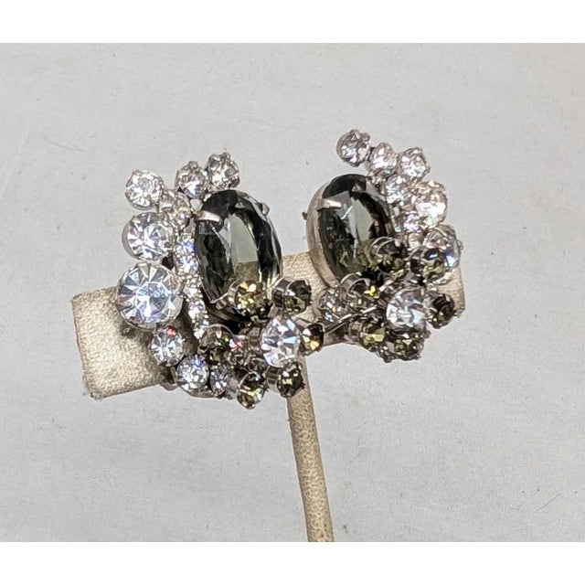 Mid-Century Modern Vintage 1960s Verified Delizza & Elster Faux-Black Diamond & Clear Rhinestone Clip Earrings-2 Pieces For Sale - Image 3 of 7