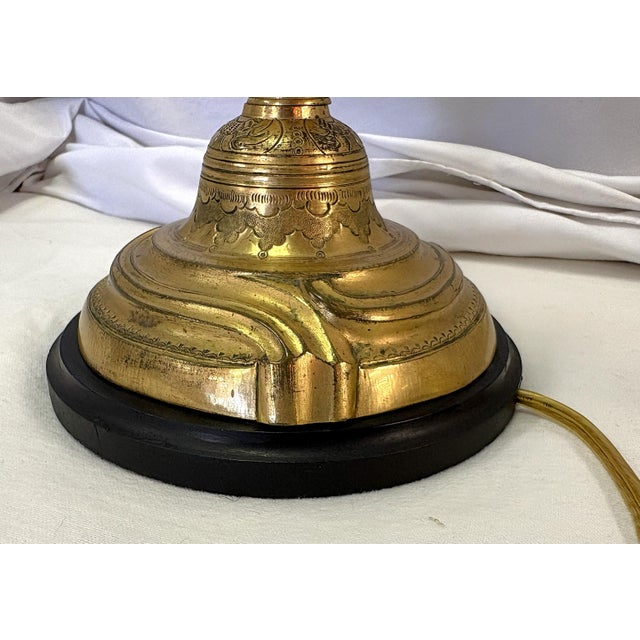 Antique French Art Nouveau Embossed Brass Candlestick Lamps- A Pair For Sale - Image 17 of 18