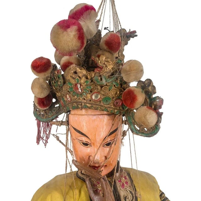 Antique funerary ceremony male marionette string puppet depicted as an emperor, with hands and head in softwood and a silk...