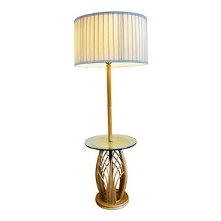 1960s Mid Century Modern Rattan Boho Chic Restored Bamboo Floor Lamp With Side Table For Sale