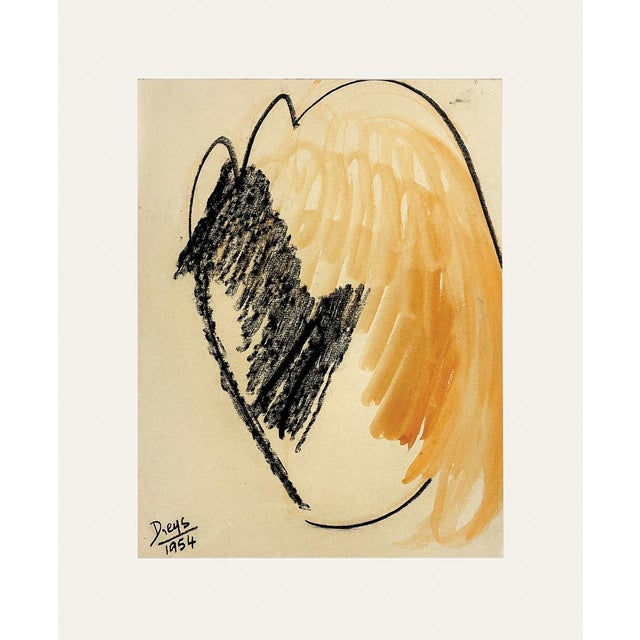 Mid-Century Modern Vintage Abstract Form in Orange and Black Mixed Media on Paper, Signed by European Artist Dreys, 1954, With Mat For Sale