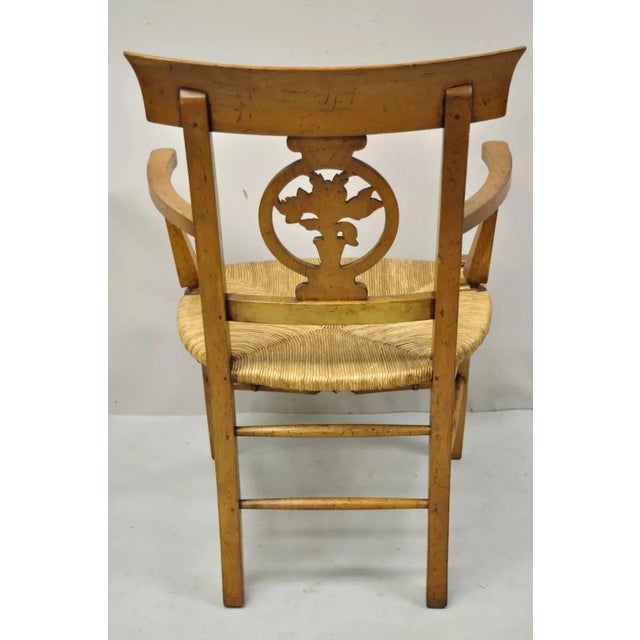 Brown Late 20th Century Vintage French Country Cherry Wood Italian Distressed Rush Seat Dining Arm Chair For Sale - Image 8 of 12