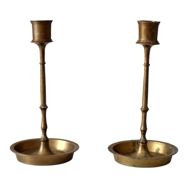 Mid-Century Engraved Brass Candlesticks Holders For Sale